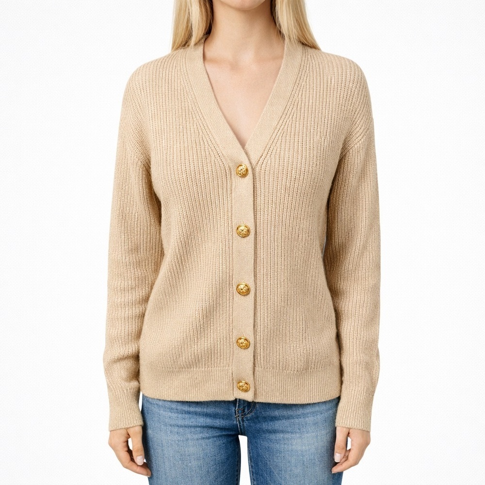 Cielo V-Neck Cardigan Sweater Cream Rib Knit Crop Career Chic Soft Size M